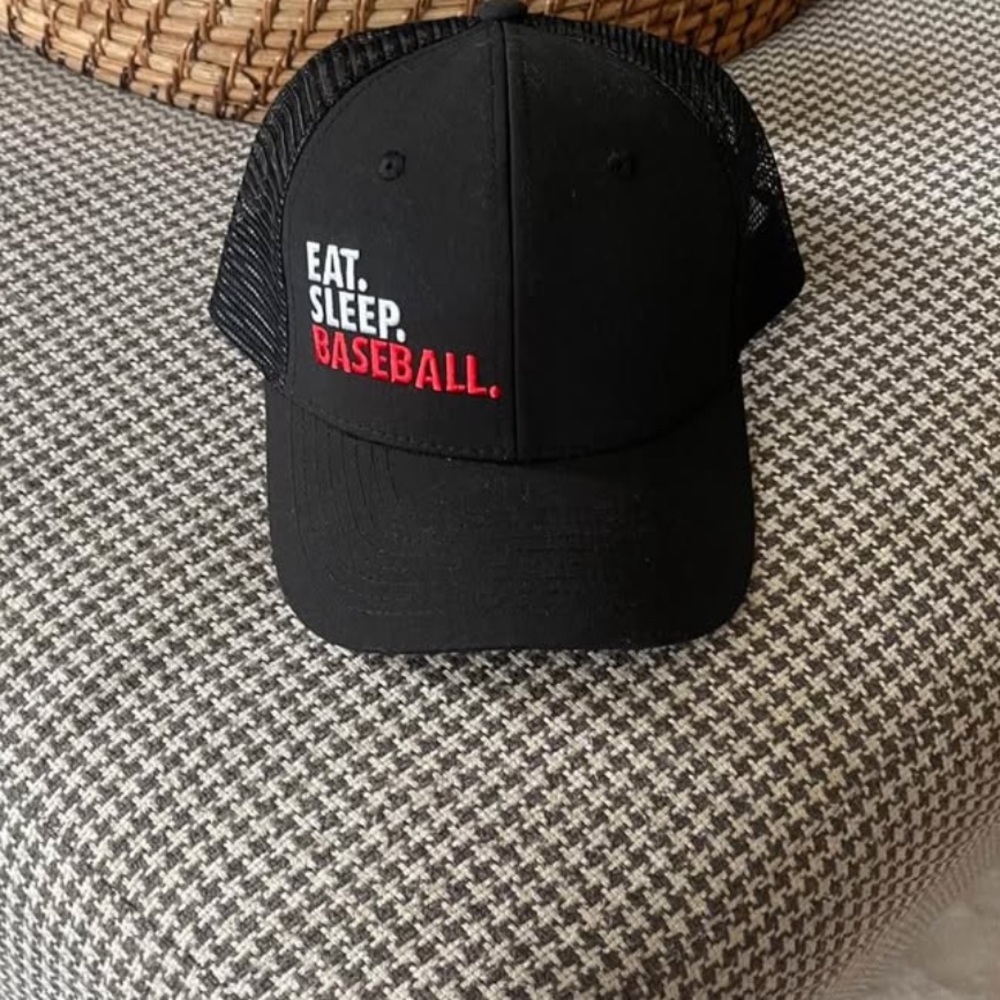 Black Baseball Cap with Red and White Text